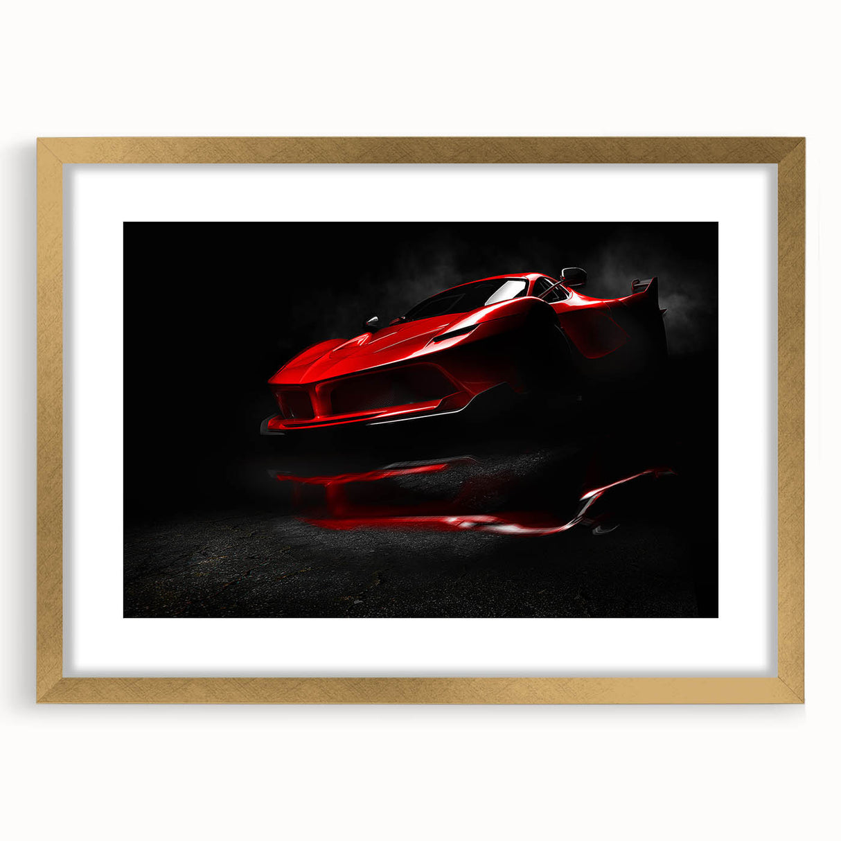 Extra large abstract art print of a sports car in vibrant shades of blue and red on a textured canvas.