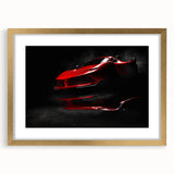 Extra large abstract art print of a sports car in vibrant shades of blue and red on a textured canvas.