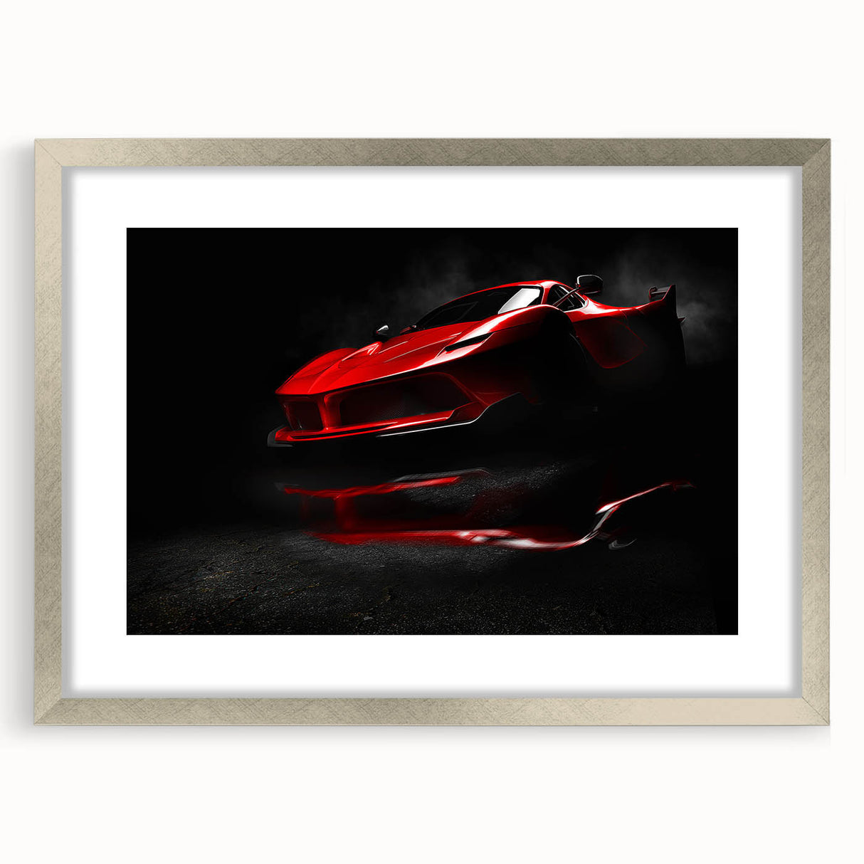 Abstract art print of a silver sports car with textured effects on a framed canvas, ideal for modern bedroom decor.