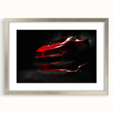 Abstract art print of a silver sports car with textured effects on a framed canvas, ideal for modern bedroom decor.