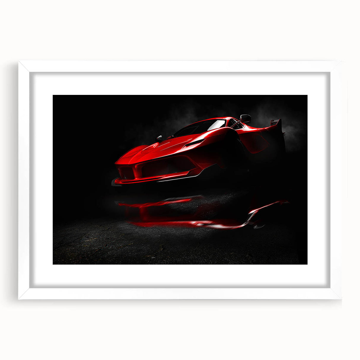 Abstract art print of a stylized sports car in vibrant red and black tones on a white framed canvas.