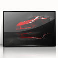 Large abstract wall art of a black sports car in mid-century modernist style on framed acrylic.