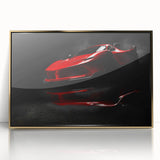 Mid-century modernist style acrylic print of a vintage sports car in muted gold and black tones.