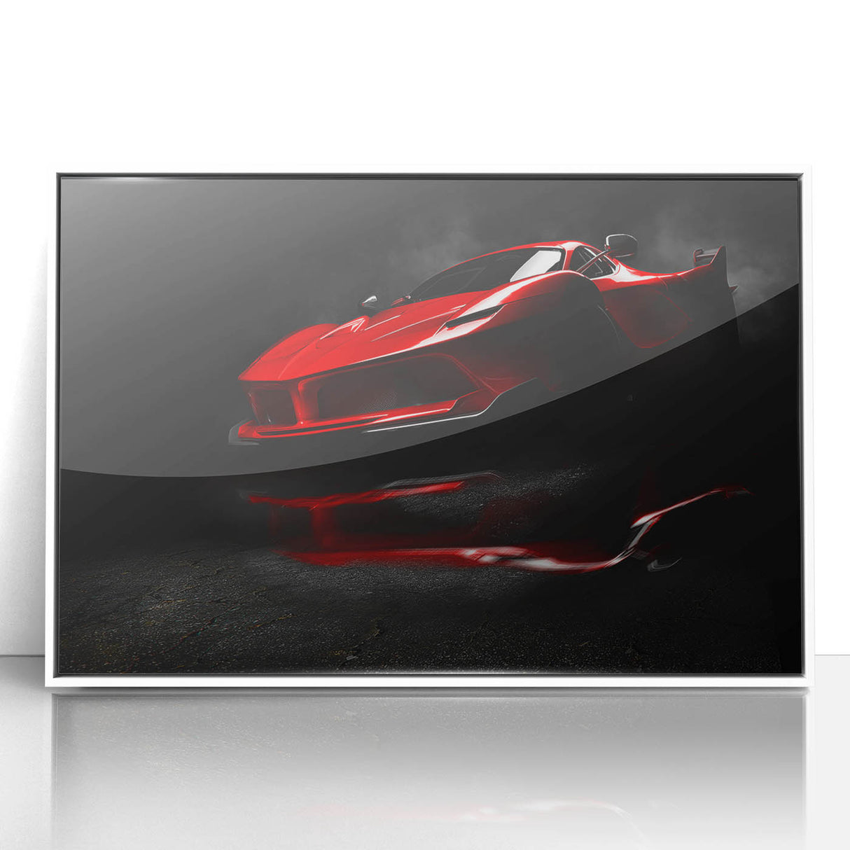 Acrylic print of a white sports car, in an art deco style with black and white tones, ideal for modern art wall decor.