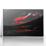 Acrylic print of a white sports car, in an art deco style with black and white tones, ideal for modern art wall decor.