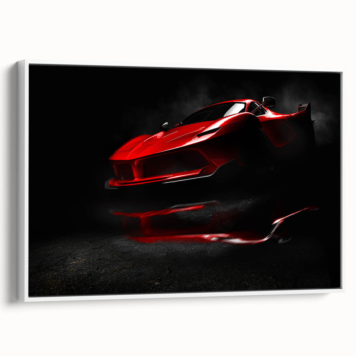 Vintage poster art of a classic car in vibrant colors on a large framed canvas, suitable for living room decor.