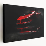 Side view of a red sports car on a stretched canvas, with a sleek design, ideal for kitchen wall art.