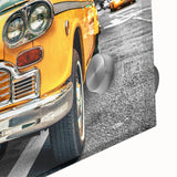 Large abstract wall art featuring mid-century modernist cars in muted colors on acrylic, ideal for dining room decor.