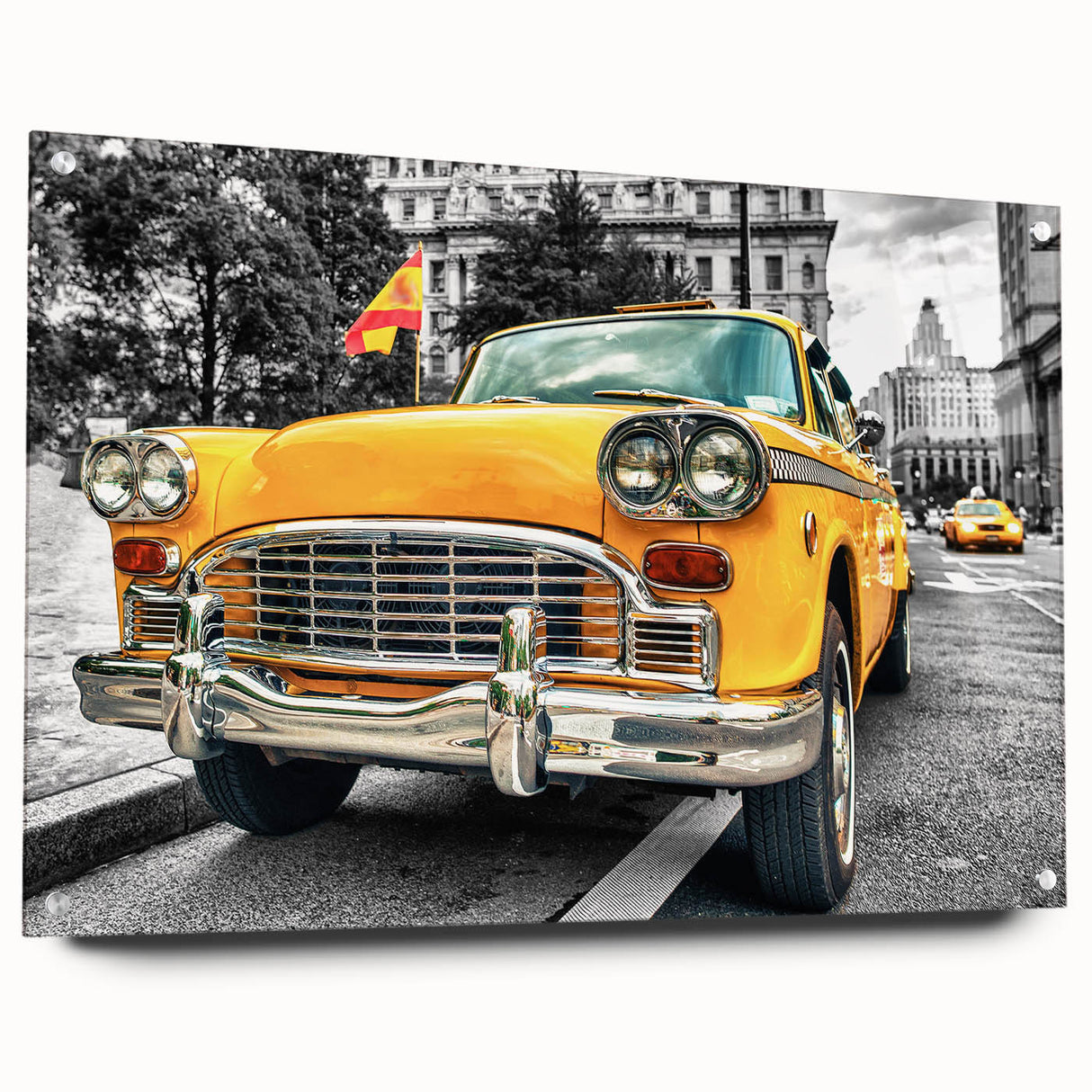Acrylic print of a side-view city taxi in vibrant yellows and blacks, suitable for bedroom or dining room decor.