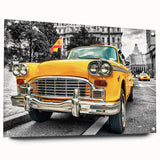 Acrylic print of a side-view city taxi in vibrant yellows and blacks, suitable for bedroom or dining room decor.