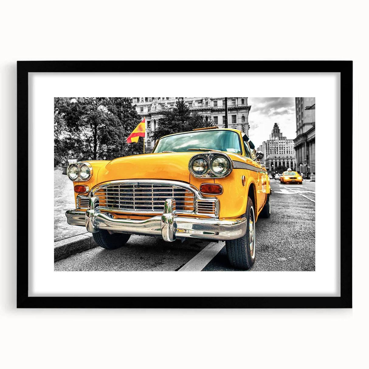 Extra large abstract art print featuring colorful, textured vehicles on a black framed canvas, ideal for living room decor.