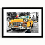 Extra large abstract art print featuring colorful, textured vehicles on a black framed canvas, ideal for living room decor.