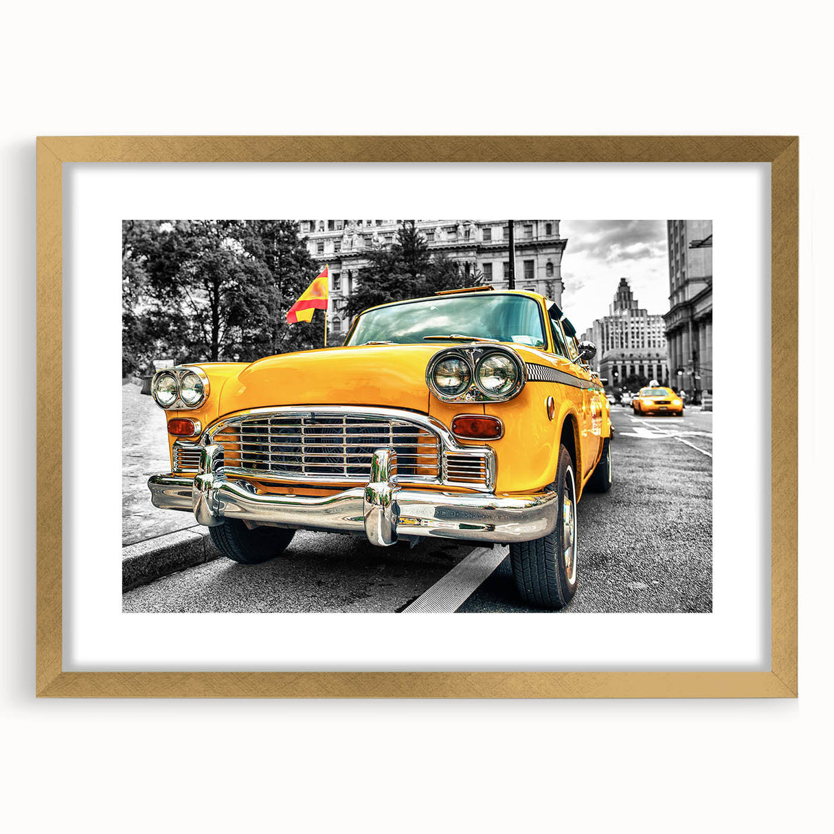Extra large abstract art print of a textured taxi in muted yellow and gray tones on a framed canvas.