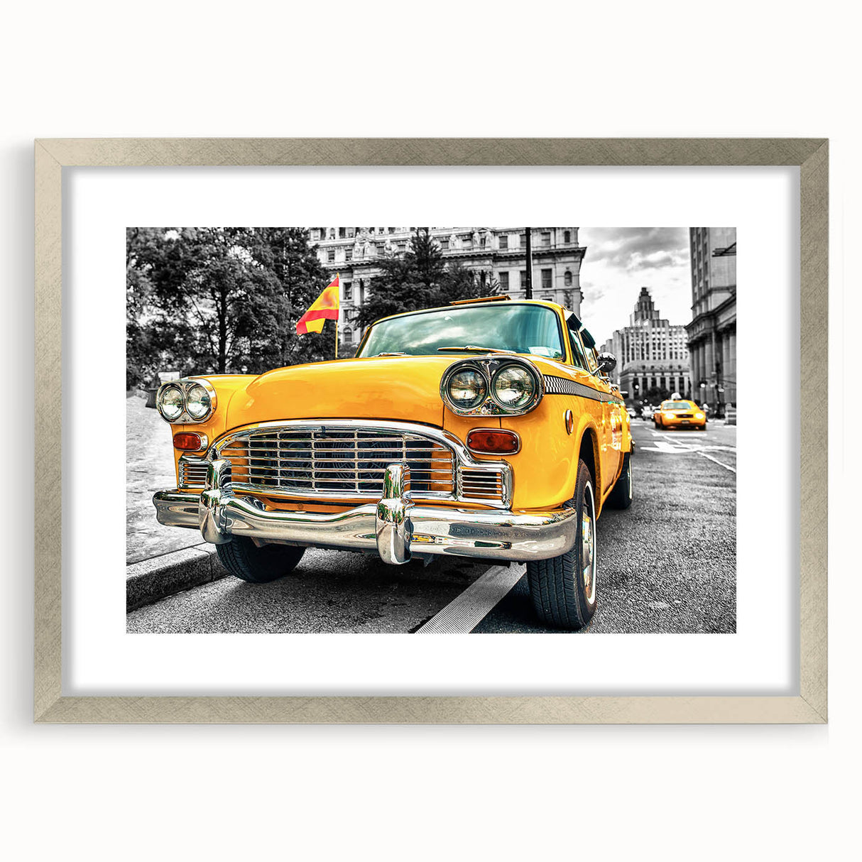 Textured art print of abstract cars and taxis in neutral and silver tones on a framed canvas, suitable for bedroom decor.