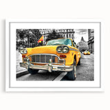 Abstract art print of a stylized taxi in yellow and black on a white framed canvas, suitable for dining room decor.