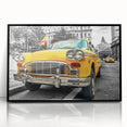 Large abstract wall art depicting a stylized black taxi, using mid-century modernist style on a framed acrylic print.