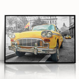Large abstract wall art depicting a stylized black taxi, using mid-century modernist style on a framed acrylic print.