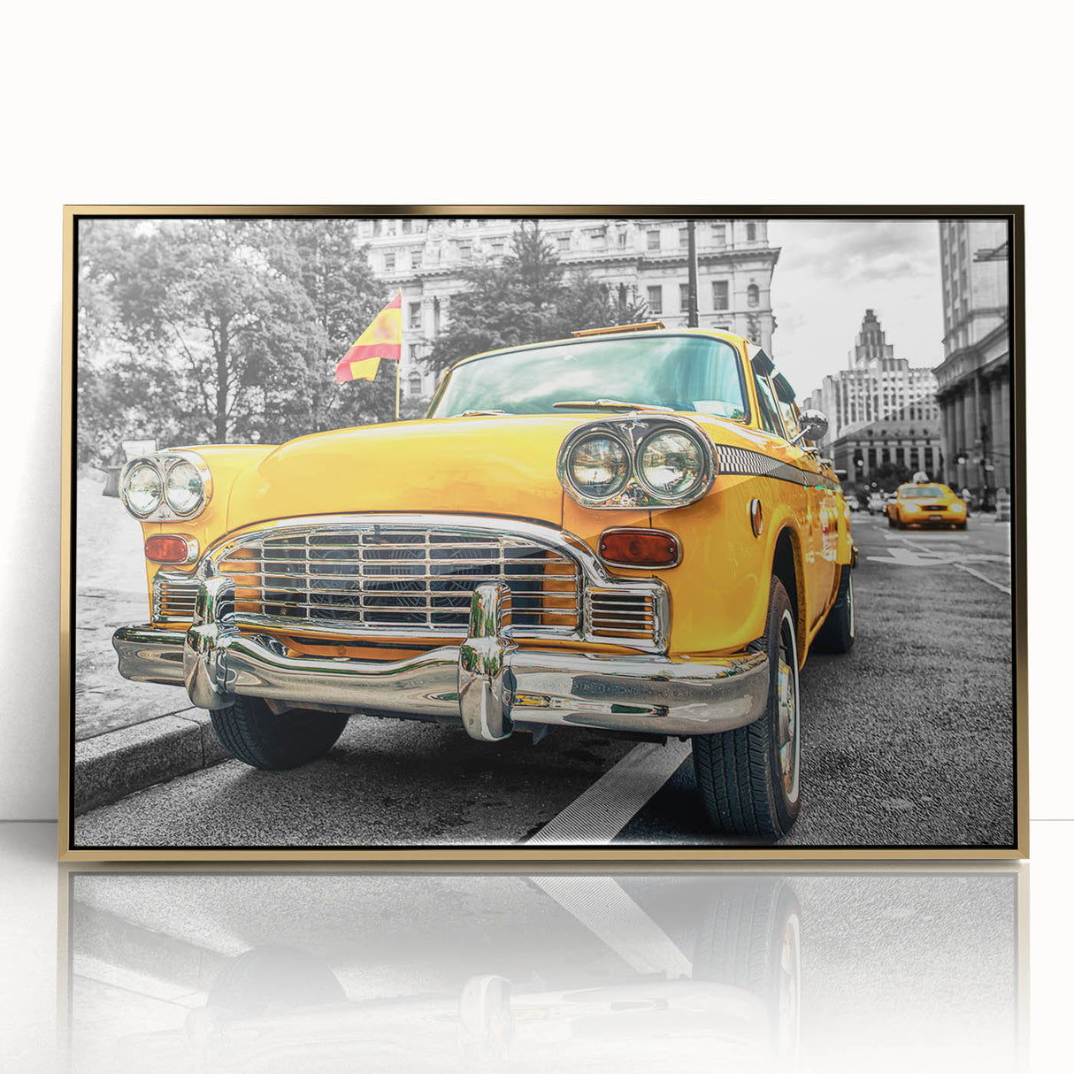 Mid-century modernist style acrylic print featuring a vintage car and taxi in gold and black tones.