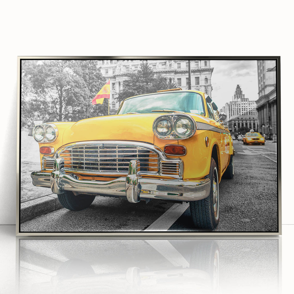 Mid-century modernist art deco poster featuring a silver taxi, framed in acrylic, ideal for nursery wall art.