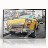 Mid-century modernist art deco poster featuring a silver taxi, framed in acrylic, ideal for nursery wall art.