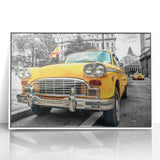Art deco poster featuring a classic taxi design in black and yellow on white acrylic, ideal for nursery wall art.