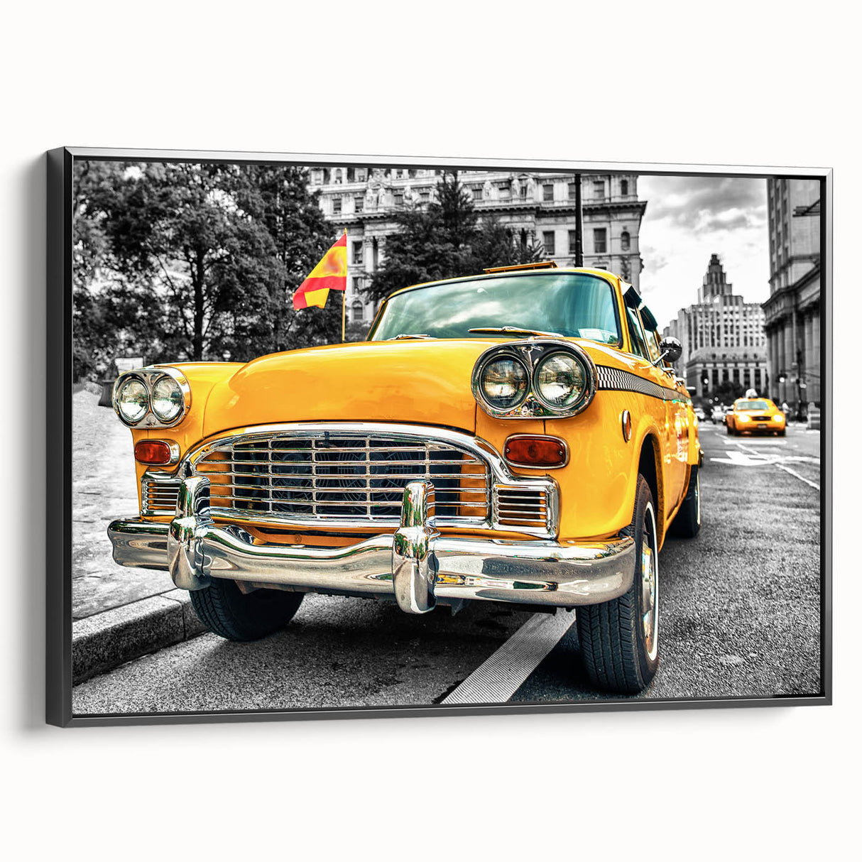 Black and white framed canvas featuring a vintage car in a landscape, ideal for bedroom wall art.