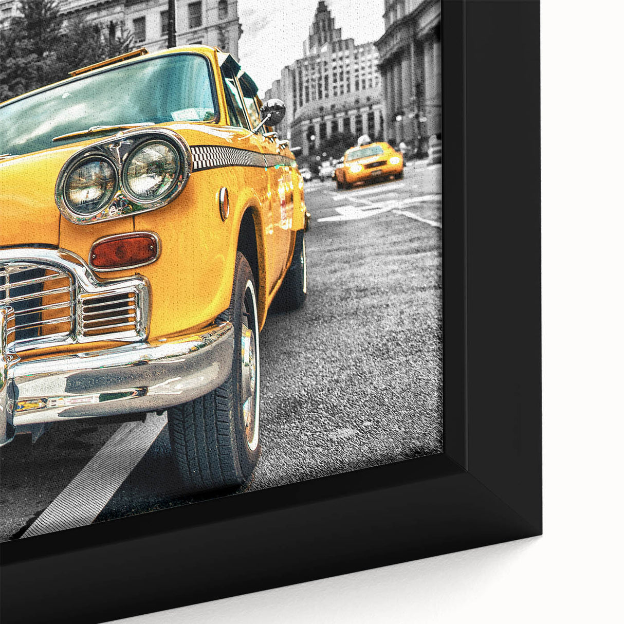 Extra large framed canvas featuring a textured, colorful depiction of a black car and taxi, ideal for living room decor.
