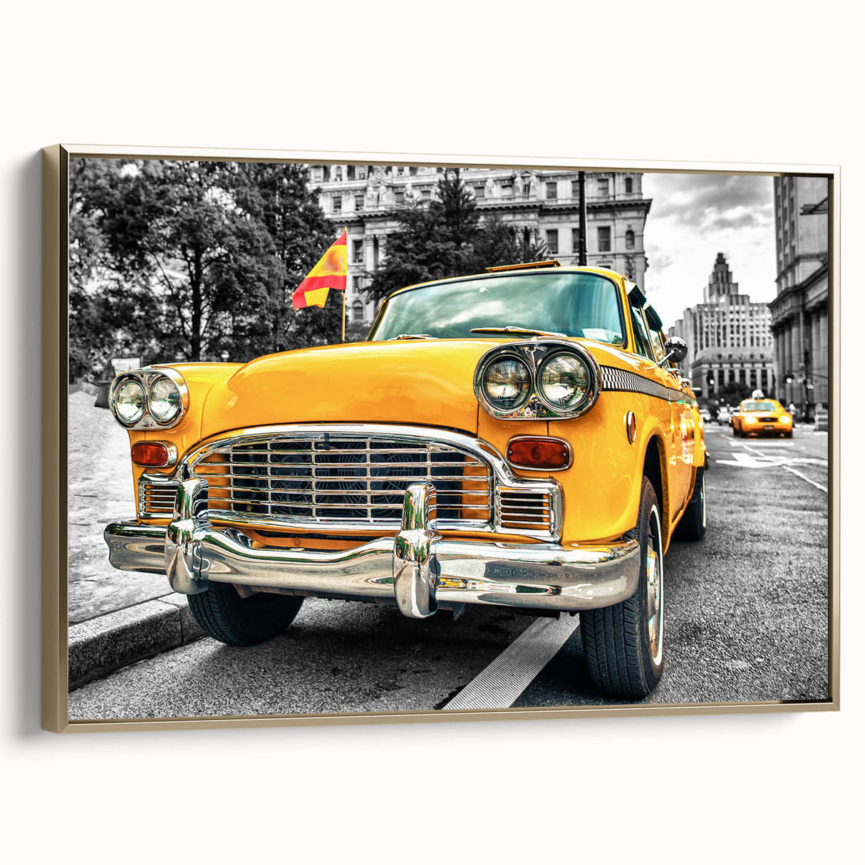 Framed canvas of a vintage gold car in profile, set against a black background, ideal for bedroom wall art.