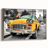 Framed canvas of a vintage gold car in profile, set against a black background, ideal for bedroom wall art.