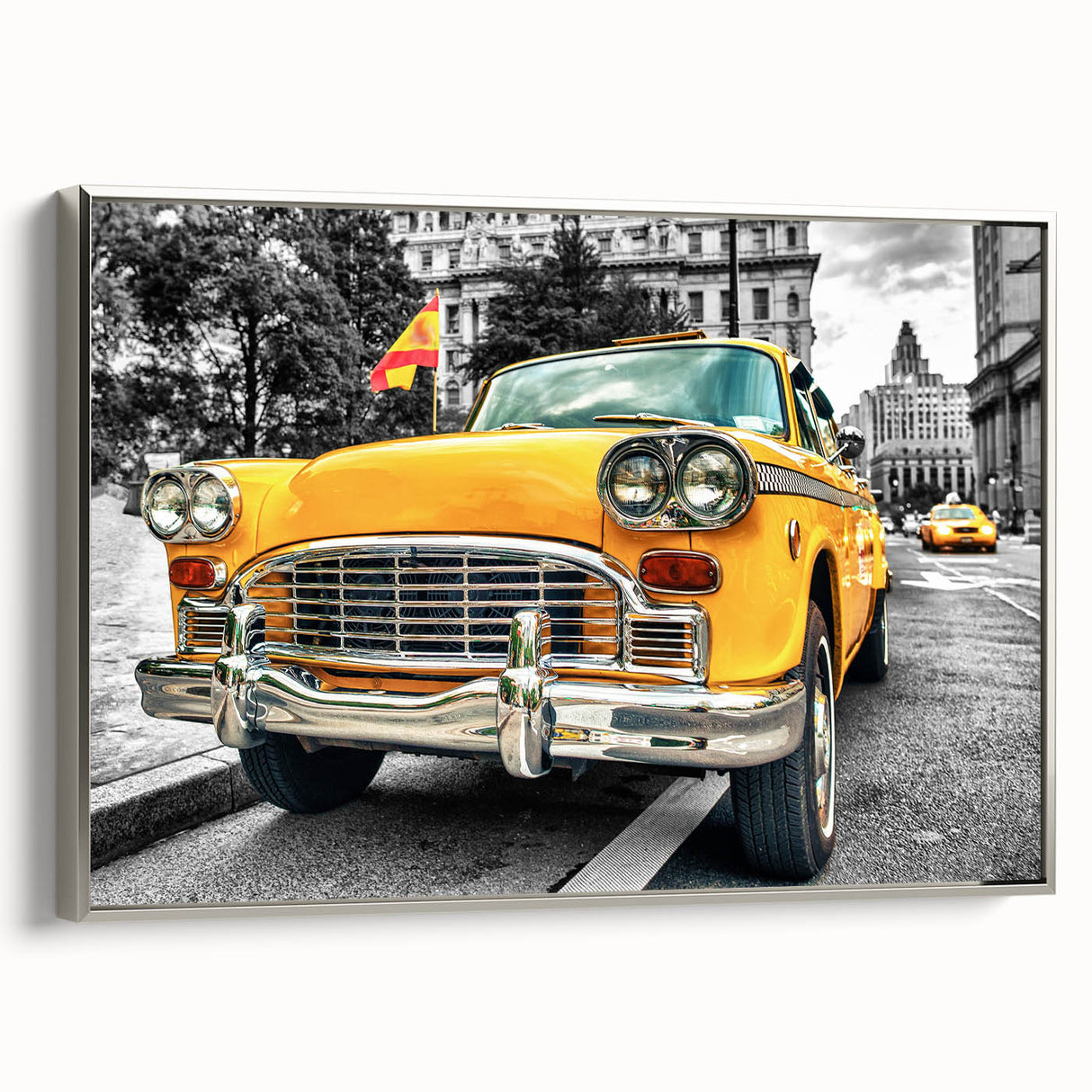 Framed canvas featuring a vintage poster of a black classic car in colorful art style, ideal for a modern living room.