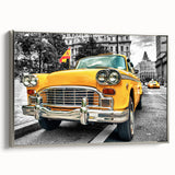 Framed canvas featuring a vintage poster of a black classic car in colorful art style, ideal for a modern living room.