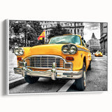 Vintage poster art of a classic taxi on a framed canvas, featuring a black and colorful palette, ideal for living room decor.