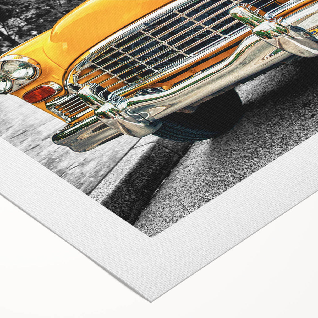 Art deco poster featuring a vintage car and taxi in muted yellow and black, printed on rolled canvas.
