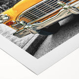 Art deco poster featuring a vintage car and taxi in muted yellow and black, printed on rolled canvas.