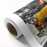 Art deco style poster of colorful vintage cars, printed on rolled canvas, suitable for nursery wall art.
