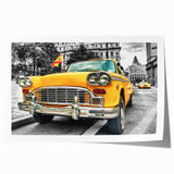 Rolled print of a vintage taxi in muted yellow and black, ideal for art wall dining room.