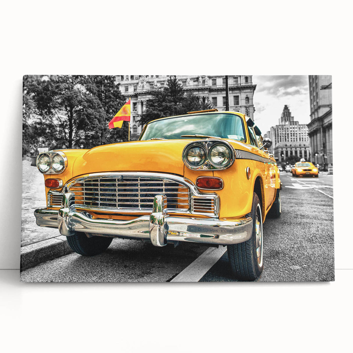 Black and white stretched canvas print of vintage taxis, ideal for kitchen wall art.