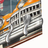 Large abstract wall art featuring taxis and cars in mid-century modernist style on acrylic glass.