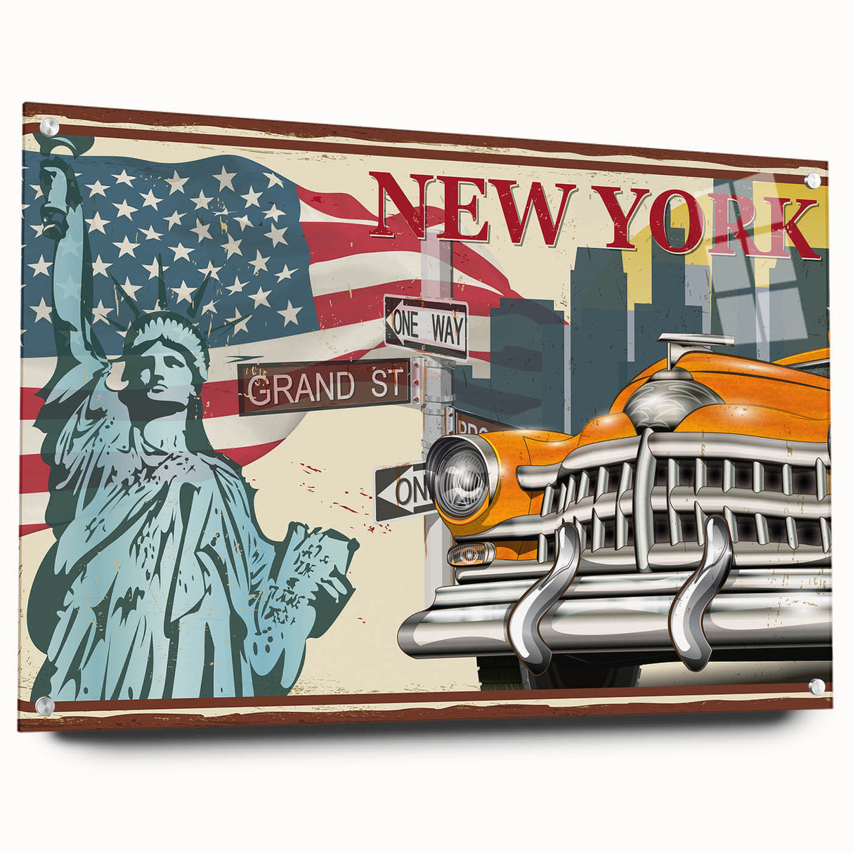 Acrylic print of a yellow taxi in a dynamic urban scene, ideal for modern dining room decor.