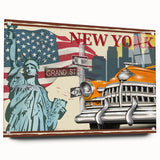 Acrylic print of a yellow taxi in a dynamic urban scene, ideal for modern dining room decor.