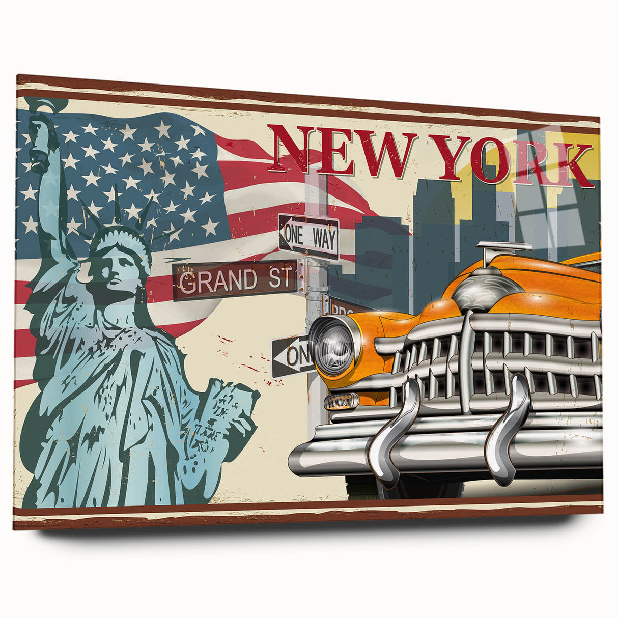 Acrylic print of a vibrant, abstract cityscape with taxis, ideal for modern bedroom or dining room decor.