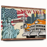 Acrylic print of a vibrant, abstract cityscape with taxis, ideal for modern bedroom or dining room decor.