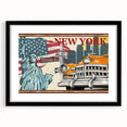 Extra large abstract art print of colorful, textured vehicles on a black framed canvas, ideal for living room decor.