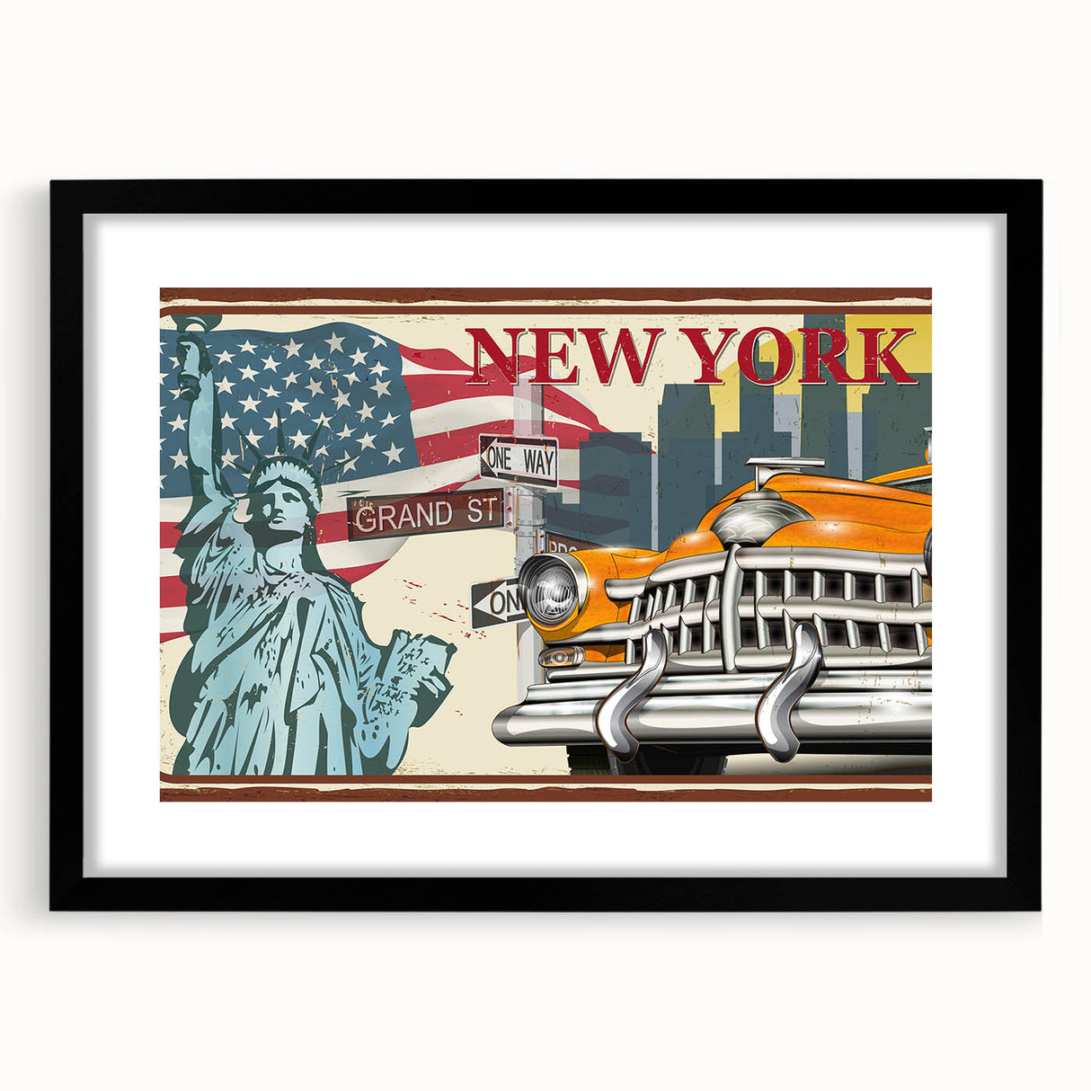 Extra large abstract art print of colorful, textured vehicles on a black framed canvas, ideal for living room decor.