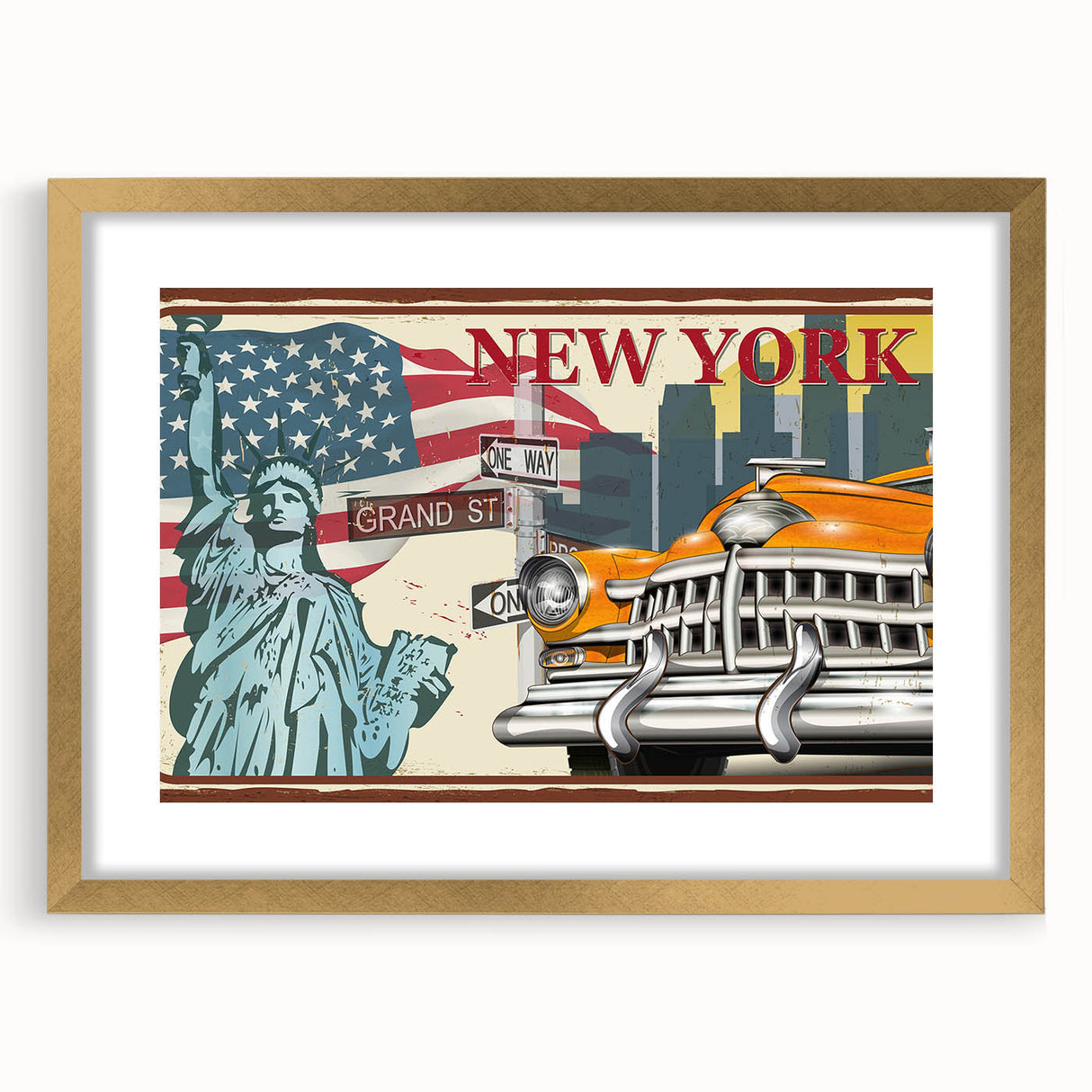 Extra large abstract art print featuring a textured depiction of a taxi in muted yellow and black tones, framed in gold.