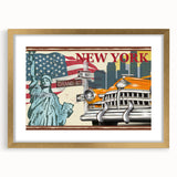 Extra large abstract art print featuring a textured depiction of a taxi in muted yellow and black tones, framed in gold.