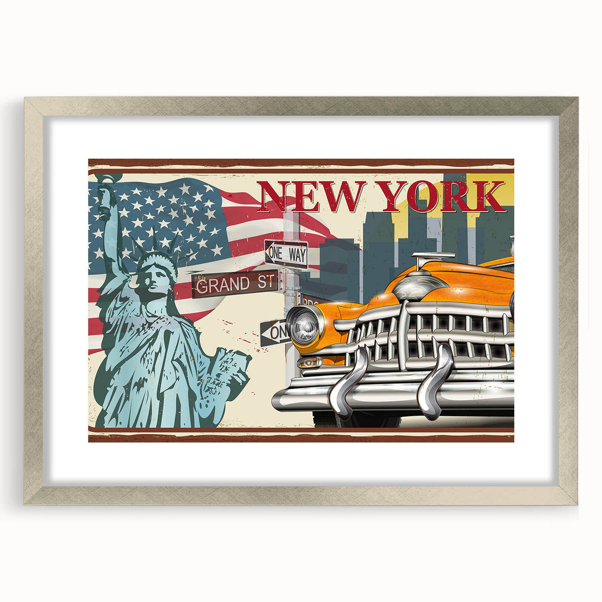 Textured art print of abstract vehicles in muted gray and silver tones on a framed poster, suitable for bedroom decor.