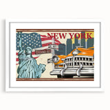 Abstract art print of a stylized taxi in yellow and black on a white framed poster, ideal for modern dining room decor.