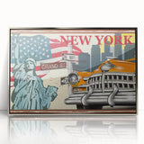 Mid-century modernist art depicting a silver taxi, in acrylic print, suited for nursery wall decor.