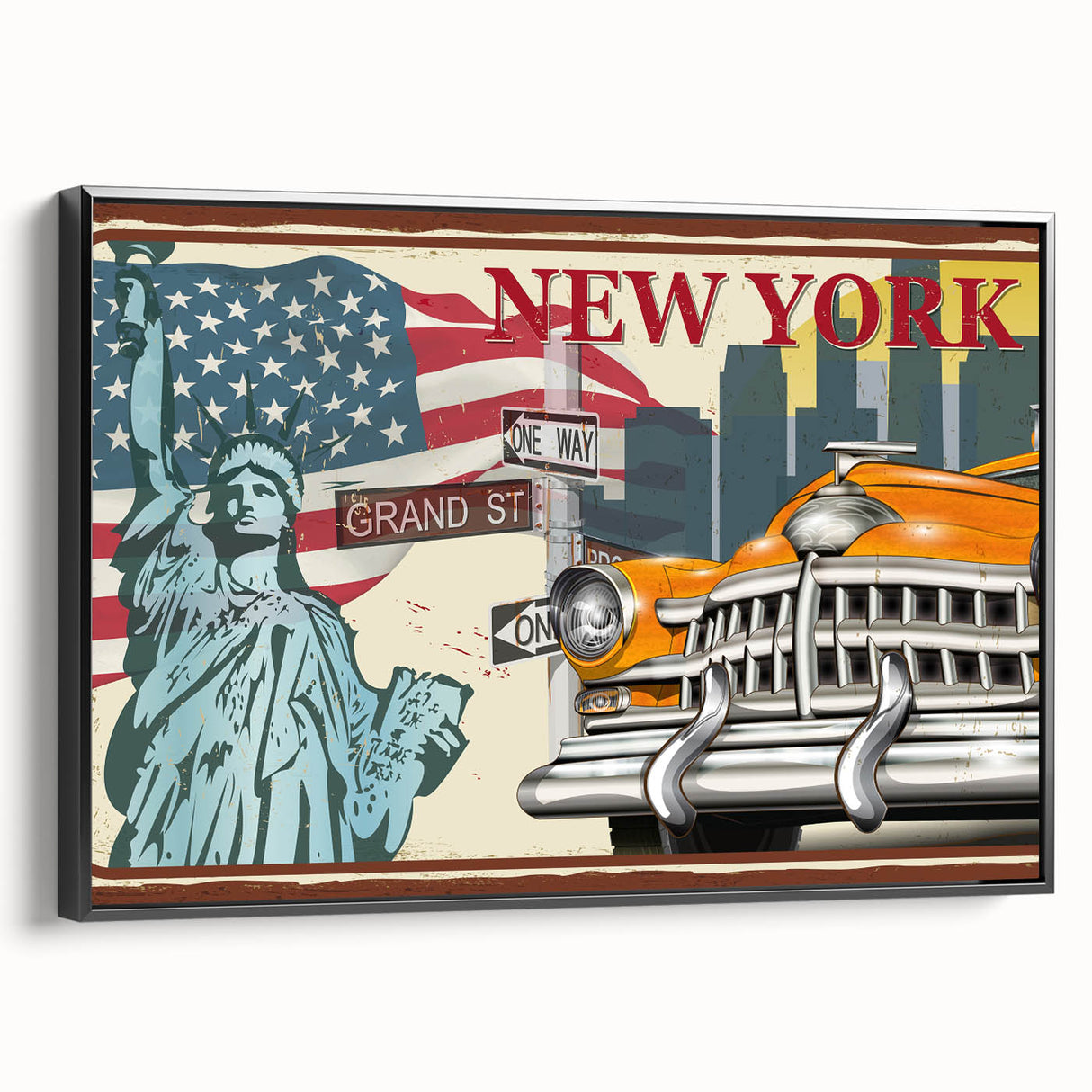 Black and white vintage poster art of a classic car on a framed canvas, ideal for bedroom wall decor.